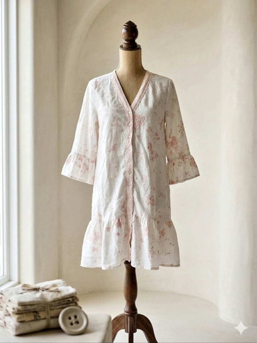 April Cornell Floral Embroidered Tunic in White & Pink